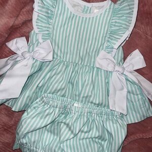 Striped Mint and White Kids outfit with Bows